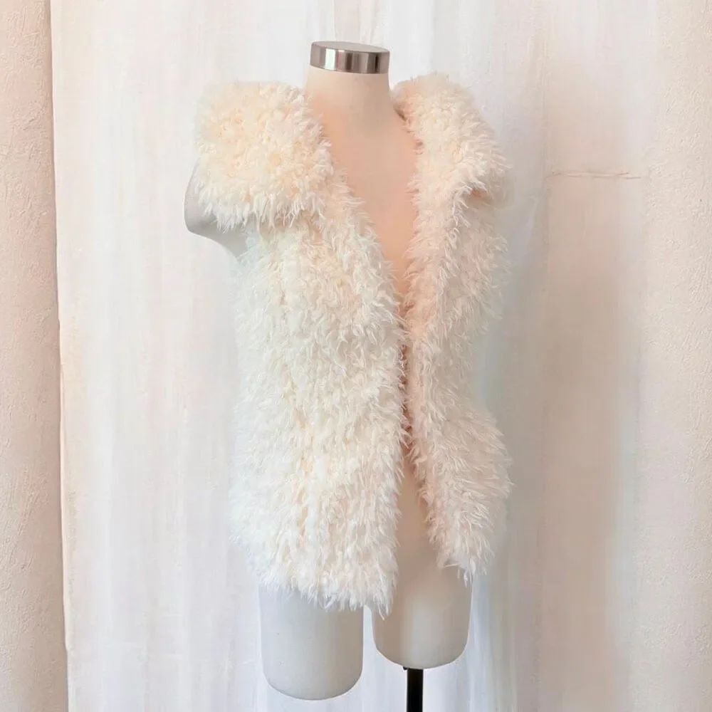 Wet Seal Vest Faux Fur Lamb Off White Cream Cardigan Duster Kimono Small